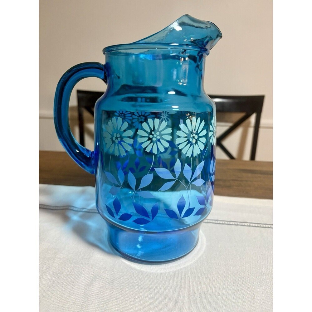 Vintage Mid Century Libbey Blue Glass Pitcher Rain Flower Daisy Floral 10” Vase